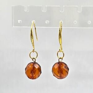 Light Brown Beaded Earrings Faceted Pierced Dangle Gold Tone Looped French Wire